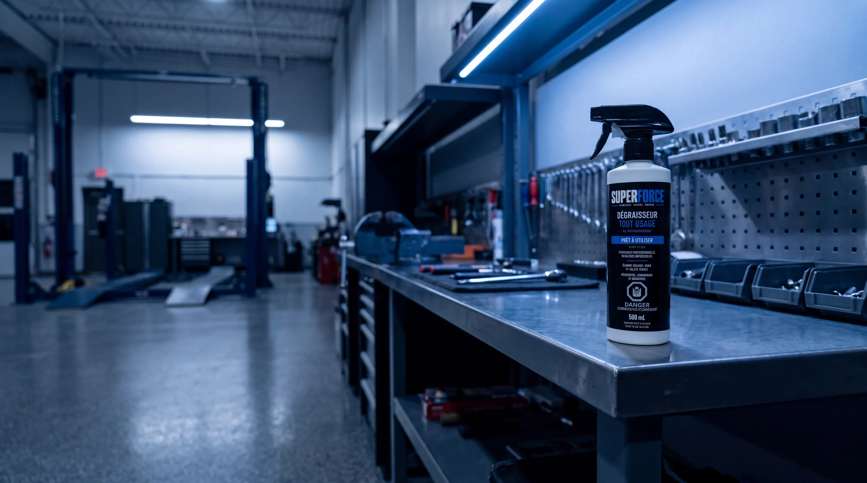 Vaporisateur Superforce 500 mL prêt à utiliser, posé sur un établi d'atelier mécanique