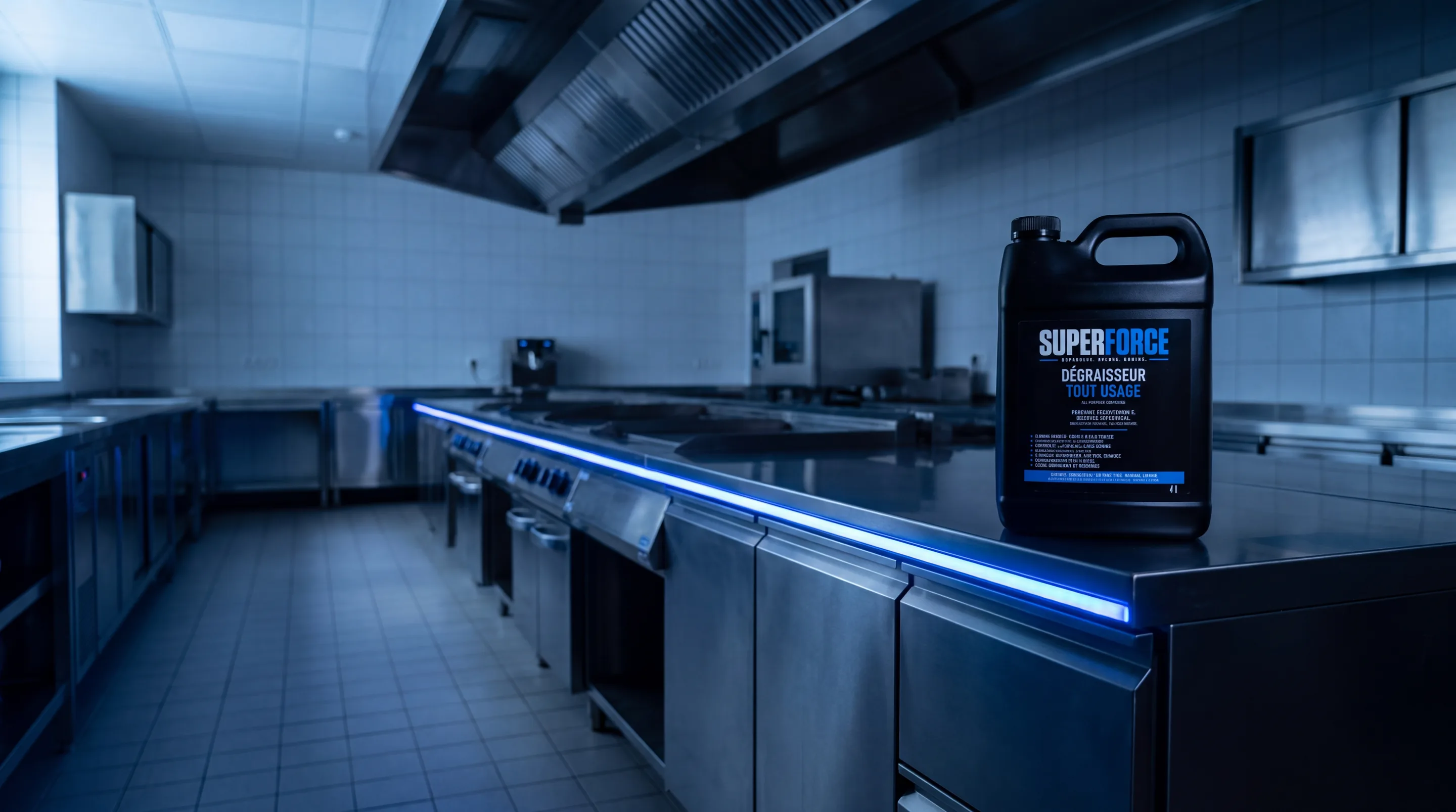 Une cuisine commerciale en acier inoxydable, la nuit, avec un bidon Superforce sur le comptoir